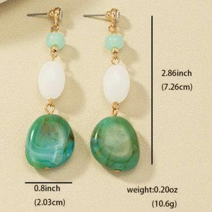 Gold Green & Pearl Color Tone Fringe Earrings 14K Gold Plated Rhinestone Inlaid